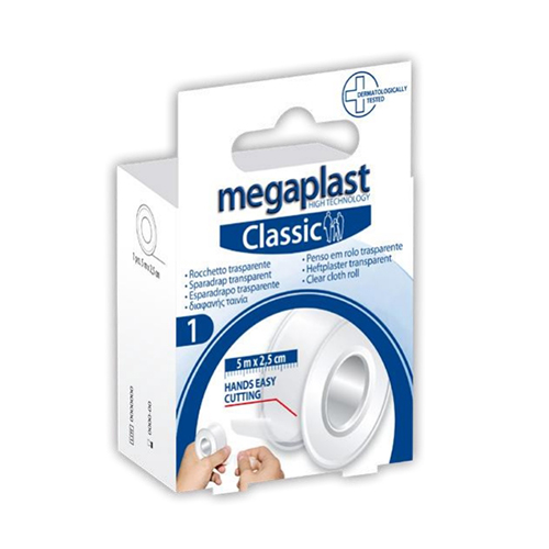 MEGAPLAST Classic - Αυτοκόλλητη διαφανής ταινία (5m x 2.5cm) - 1τμχ - premiermed.gr