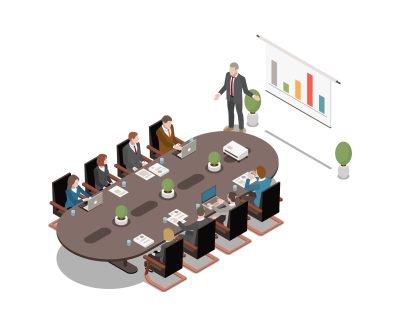 Isometric icon with man presenting project on white board at business meeting vector illustration